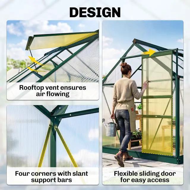 Alt view image 3 of 6 - 6' x 8' Greenhouse for Outdoors, Polycarbonate Greenhouse with Rain Gutter and Roof Vent, Aluminum Walk-in Green Houses with Push Door for Outside for Patio Backyard Garden, Dark Green