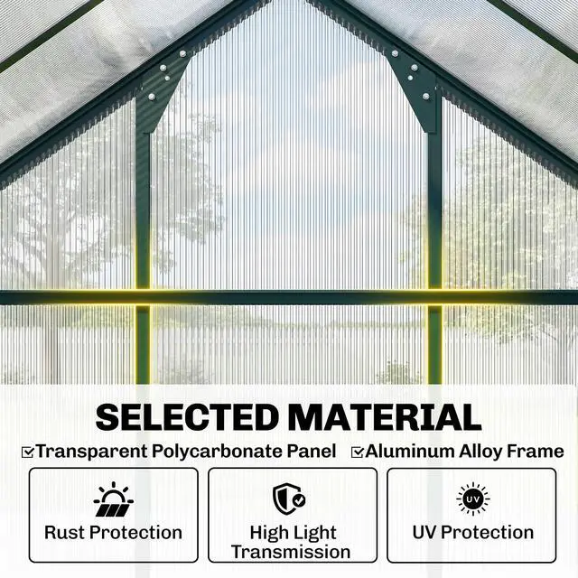 Alt view image 4 of 6 - 6' x 8' Greenhouse for Outdoors, Polycarbonate Greenhouse with Rain Gutter and Roof Vent, Aluminum Walk-in Green Houses with Push Door for Outside for Patio Backyard Garden, Dark Green