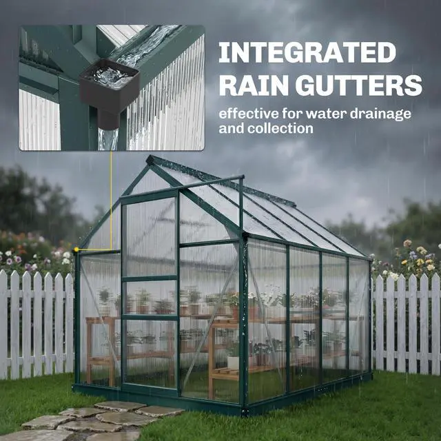 Alt view image 6 of 6 - 6' x 8' Greenhouse for Outdoors, Polycarbonate Greenhouse with Rain Gutter and Roof Vent, Aluminum Walk-in Green Houses with Push Door for Outside for Patio Backyard Garden, Dark Green