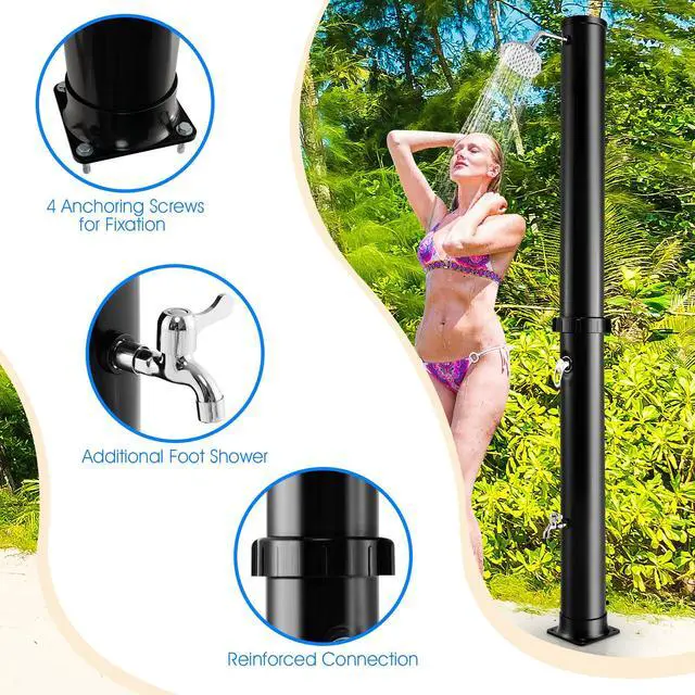 Alt view image 2 of 6 - 7.2 FT 10 Gallon 2-Section Solar-Heated Outdoor Shower, Pool Shower W/Free-Rotating Shower Head, Foot Tap Spigot, Faucet, Temperature and Pressure Adjustment for Backyard, Garden, Beach Spa