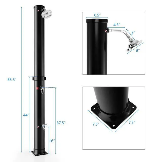Alt view image 3 of 6 - 7.2 FT 10 Gallon 2-Section Solar-Heated Outdoor Shower, Pool Shower W/Free-Rotating Shower Head, Foot Tap Spigot, Faucet, Temperature and Pressure Adjustment for Backyard, Garden, Beach Spa