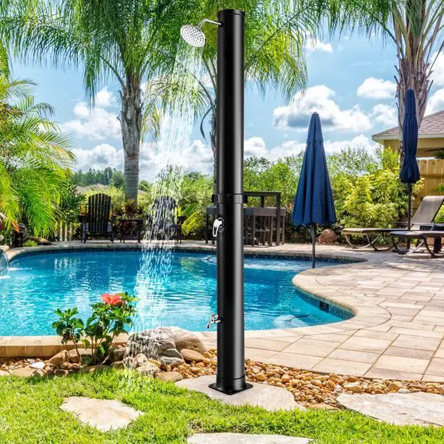 Alt view image 4 of 6 - 7.2 FT 10 Gallon 2-Section Solar-Heated Outdoor Shower, Pool Shower W/Free-Rotating Shower Head, Foot Tap Spigot, Faucet, Temperature and Pressure Adjustment for Backyard, Garden, Beach Spa