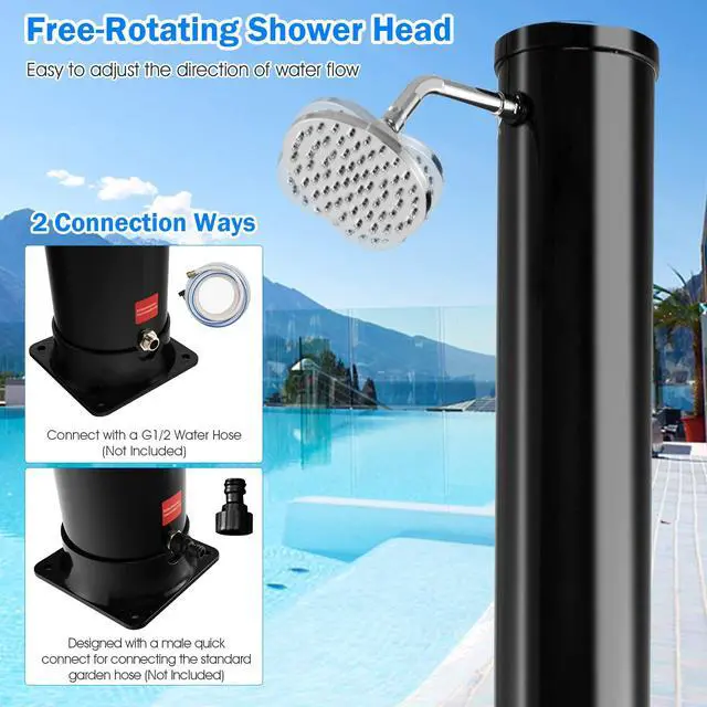 Alt view image 5 of 6 - 7.2 FT 10 Gallon 2-Section Solar-Heated Outdoor Shower, Pool Shower W/Free-Rotating Shower Head, Foot Tap Spigot, Faucet, Temperature and Pressure Adjustment for Backyard, Garden, Beach Spa
