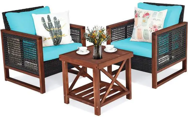 Main image of 3 Pieces Patio Wicker Furniture Set, Rattan Outdoor Sofa Set w/Washable Cushion & Acacia Wood Coffee Table, Conversation Bistro Set for Garden Balcony Backyard (Turquoise)