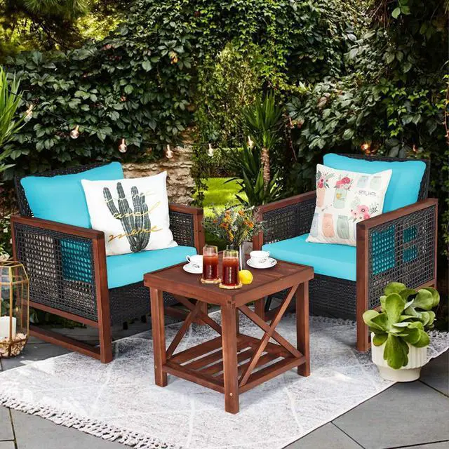 Alt view image 2 of 6 - 3 Pieces Patio Wicker Furniture Set, Rattan Outdoor Sofa Set w/Washable Cushion & Acacia Wood Coffee Table, Conversation Bistro Set for Garden Balcony Backyard (Turquoise)