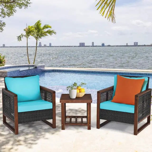 Alt view image 3 of 6 - 3 Pieces Patio Wicker Furniture Set, Rattan Outdoor Sofa Set w/Washable Cushion & Acacia Wood Coffee Table, Conversation Bistro Set for Garden Balcony Backyard (Turquoise)