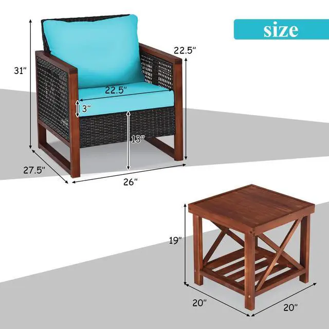 Alt view image 4 of 6 - 3 Pieces Patio Wicker Furniture Set, Rattan Outdoor Sofa Set w/Washable Cushion & Acacia Wood Coffee Table, Conversation Bistro Set for Garden Balcony Backyard (Turquoise)