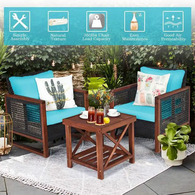 Alt view image 5 of 6 - 3 Pieces Patio Wicker Furniture Set, Rattan Outdoor Sofa Set w/Washable Cushion & Acacia Wood Coffee Table, Conversation Bistro Set for Garden Balcony Backyard (Turquoise)