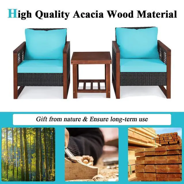 Alt view image 6 of 6 - 3 Pieces Patio Wicker Furniture Set, Rattan Outdoor Sofa Set w/Washable Cushion & Acacia Wood Coffee Table, Conversation Bistro Set for Garden Balcony Backyard (Turquoise)