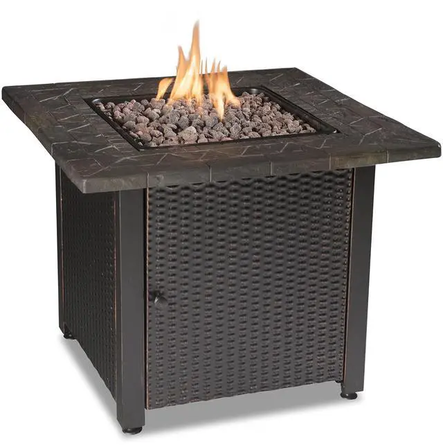 Main image of 30" Gas Outdoor Fire Pit Table with Resin Mantel | Mosaic Resin Mantel, Steel Wicker Design Base, and Lava Rock, Black