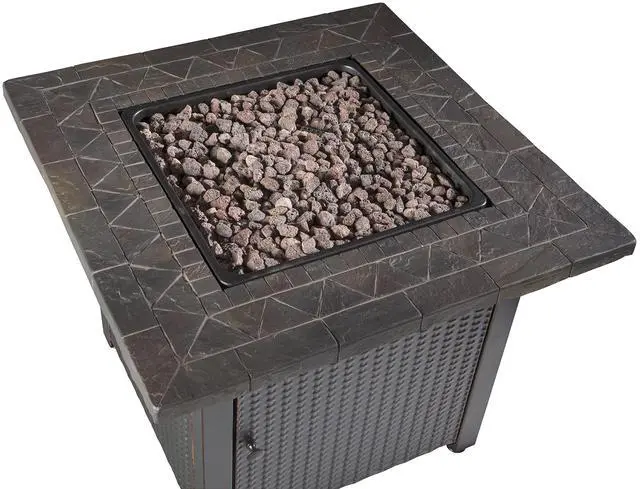 Alt view image 2 of 6 - 30" Gas Outdoor Fire Pit Table with Resin Mantel | Mosaic Resin Mantel, Steel Wicker Design Base, and Lava Rock, Black