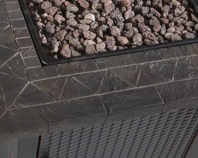 Alt view image 3 of 6 - 30" Gas Outdoor Fire Pit Table with Resin Mantel | Mosaic Resin Mantel, Steel Wicker Design Base, and Lava Rock, Black