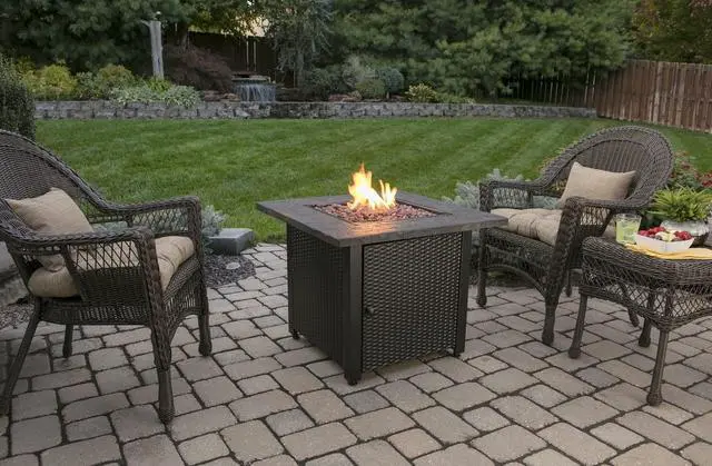 Alt view image 4 of 6 - 30" Gas Outdoor Fire Pit Table with Resin Mantel | Mosaic Resin Mantel, Steel Wicker Design Base, and Lava Rock, Black