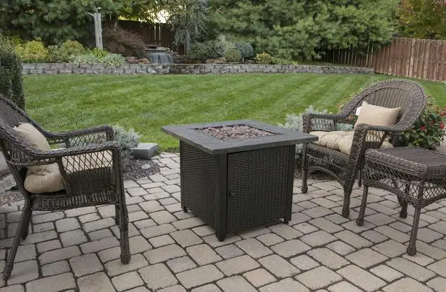 Alt view image 5 of 6 - 30" Gas Outdoor Fire Pit Table with Resin Mantel | Mosaic Resin Mantel, Steel Wicker Design Base, and Lava Rock, Black