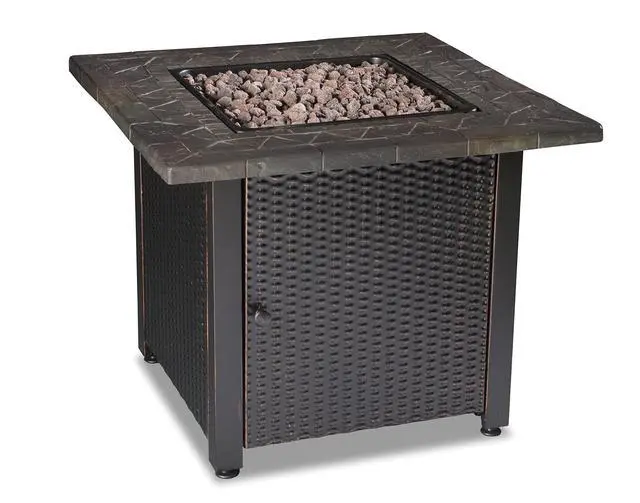 Alt view image 6 of 6 - 30" Gas Outdoor Fire Pit Table with Resin Mantel | Mosaic Resin Mantel, Steel Wicker Design Base, and Lava Rock, Black