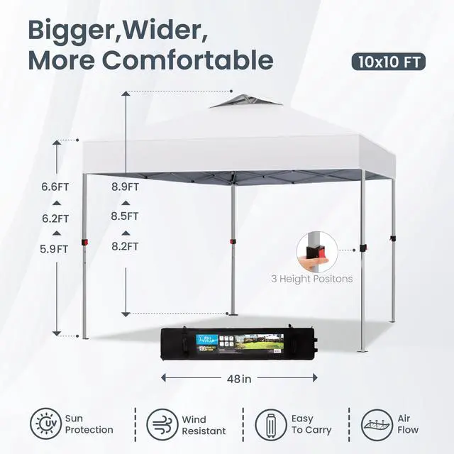 Alt view image 5 of 6 - Pop-up Canopy 10x10 Patio Tent Instant Gazebo Canopy with Wheeled Bag, Portable Lightweight Folding w/Adjustable Height,White