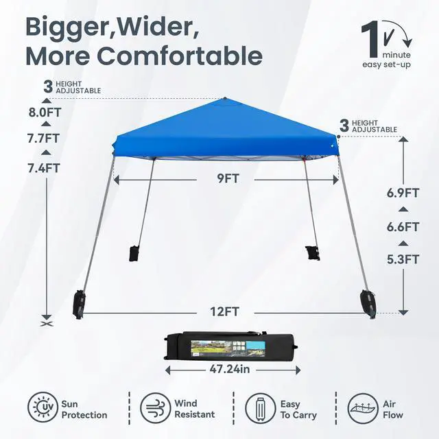 Alt view image 6 of 6 - Instant Shelter Canopy,Angled Leg 12' x 12' UV Block Sun Shade Canopy Gazebo for Patio Outdoor, Lightweight, Blue