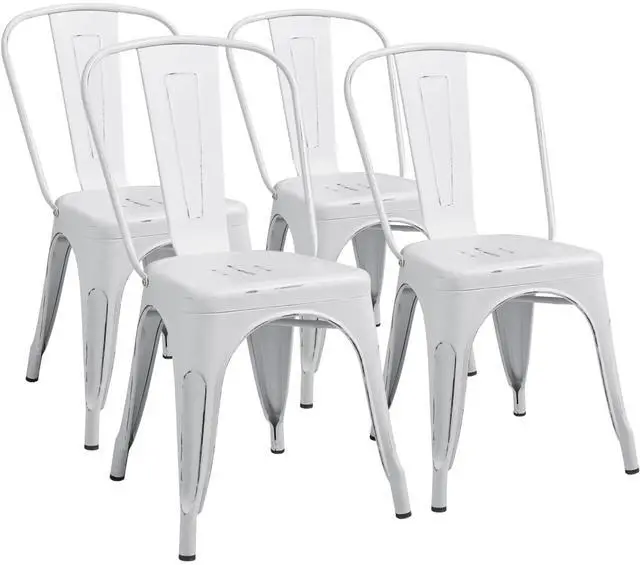 Main image of Metal Dining Chair Indoor Outdoor Use Stackable Chic Side Classic Trattoria Metal Chairs Set of 4 for Kitchen, Dining Room, Bistro and Cafe (Distressed White)