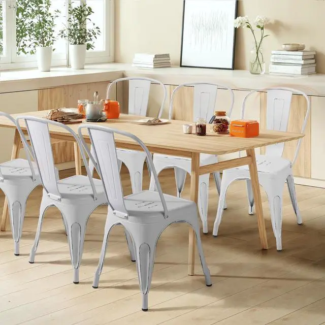 Alt view image 2 of 6 - Metal Dining Chair Indoor Outdoor Use Stackable Chic Side Classic Trattoria Metal Chairs Set of 4 for Kitchen, Dining Room, Bistro and Cafe (Distressed White)