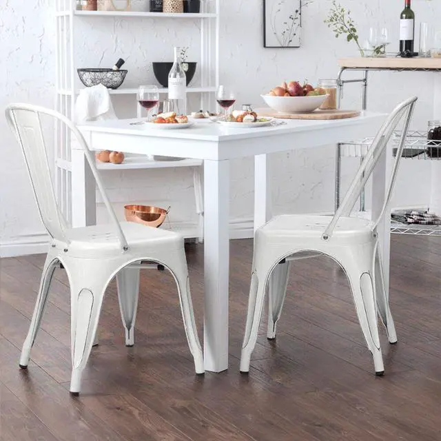 Alt view image 6 of 6 - Metal Dining Chair Indoor Outdoor Use Stackable Chic Side Classic Trattoria Metal Chairs Set of 4 for Kitchen, Dining Room, Bistro and Cafe (Distressed White)