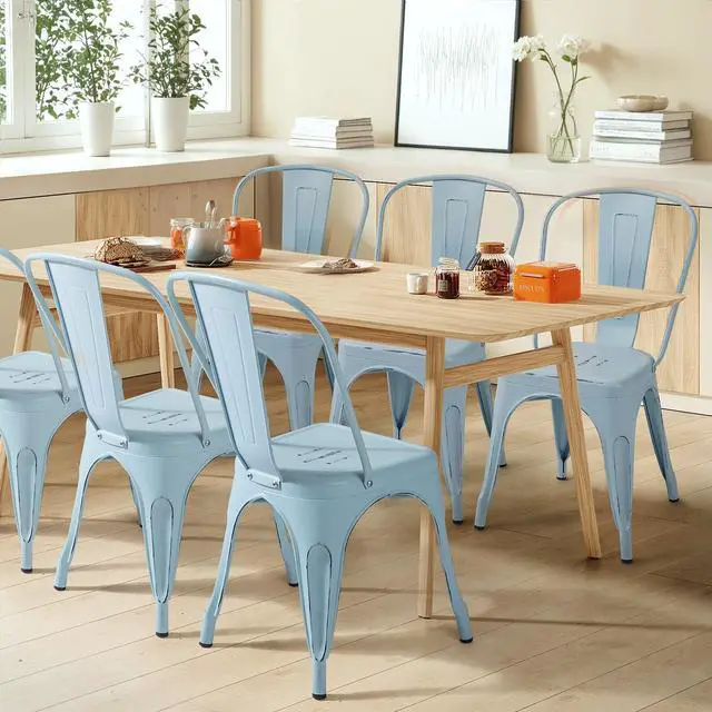 Alt view image 2 of 6 - Metal Dining Chair Indoor Outdoor Use Stackable Chic Side Classic Trattoria Metal Chairs Set of 4 for Kitchen, Dining Room, Bistro and Cafe (Distressed Blue)