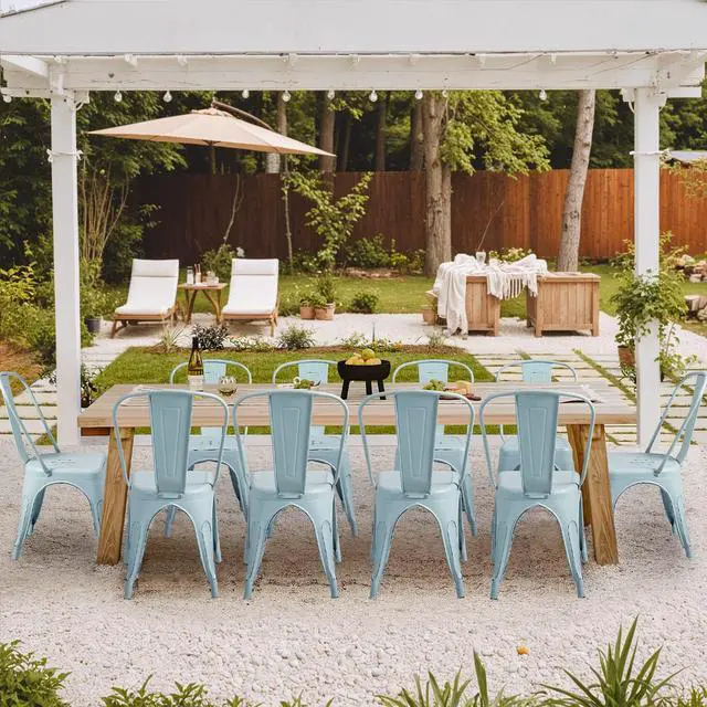 Alt view image 4 of 6 - Metal Dining Chair Indoor Outdoor Use Stackable Chic Side Classic Trattoria Metal Chairs Set of 4 for Kitchen, Dining Room, Bistro and Cafe (Distressed Blue)