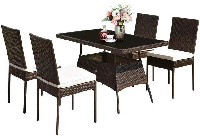 Main image of 5 Piece Patio Wicker Dining Set, Outdoor Rattan Table and Chairs with w/Tempered Glass Table Top & Padded Cushions, Wicker Patio Conversation Furniture Set for Balcony Patio Garden Poolside