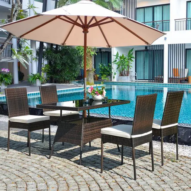 Alt view image 2 of 6 - 5 Piece Patio Wicker Dining Set, Outdoor Rattan Table and Chairs with w/Tempered Glass Table Top & Padded Cushions, Wicker Patio Conversation Furniture Set for Balcony Patio Garden Poolside