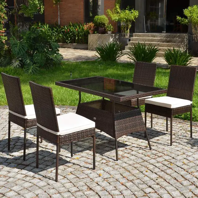 Alt view image 4 of 6 - 5 Piece Patio Wicker Dining Set, Outdoor Rattan Table and Chairs with w/Tempered Glass Table Top & Padded Cushions, Wicker Patio Conversation Furniture Set for Balcony Patio Garden Poolside