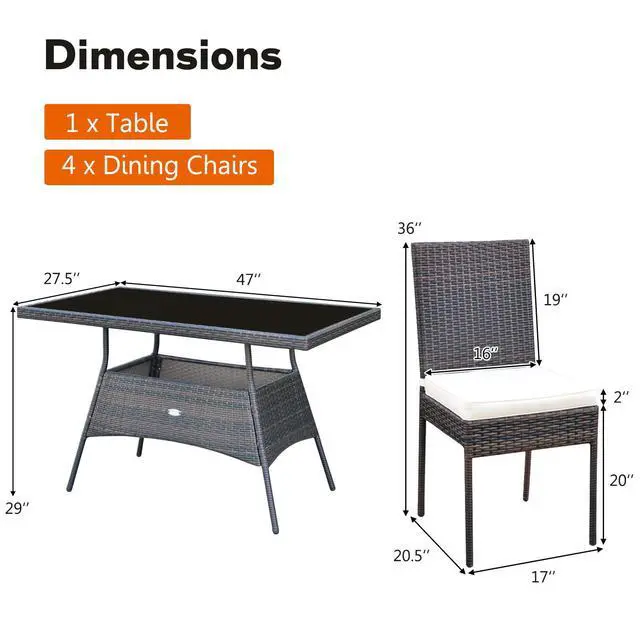 Alt view image 5 of 6 - 5 Piece Patio Wicker Dining Set, Outdoor Rattan Table and Chairs with w/Tempered Glass Table Top & Padded Cushions, Wicker Patio Conversation Furniture Set for Balcony Patio Garden Poolside