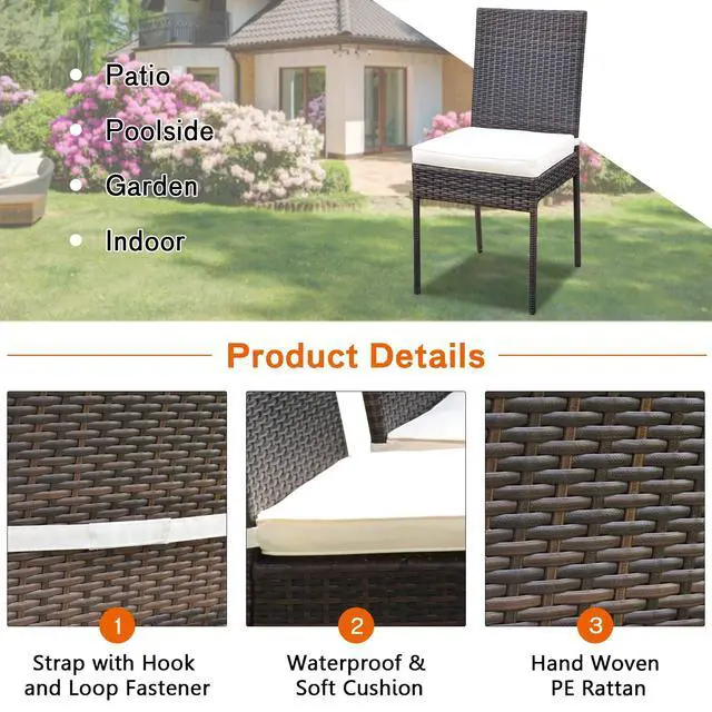 Alt view image 6 of 6 - 5 Piece Patio Wicker Dining Set, Outdoor Rattan Table and Chairs with w/Tempered Glass Table Top & Padded Cushions, Wicker Patio Conversation Furniture Set for Balcony Patio Garden Poolside