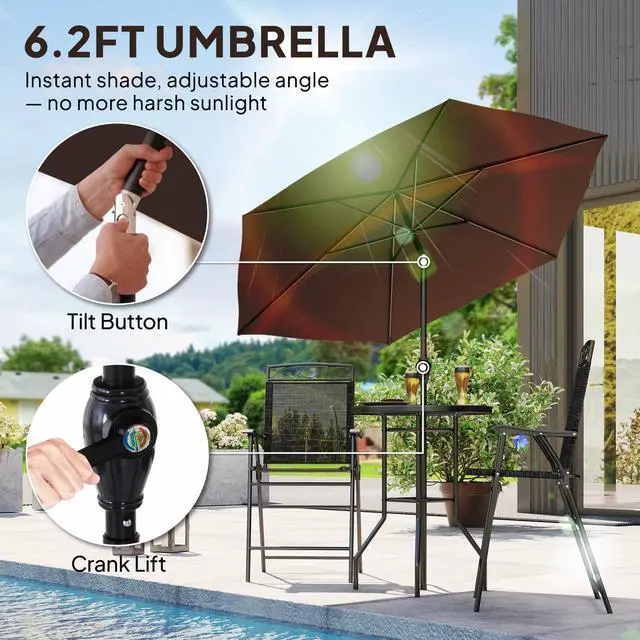 Alt view image 3 of 6 - 4 Piece Outdoor Patio Dining Furniture Set, 2 Folding Chairs, Adjustable Angle Umbrella, Wave Textured Tempered Glass Dinner Table, Black