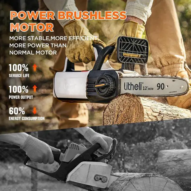 Alt view image 4 of 6 - 12" Brushless Electric Battery Chainsaw, Chain Saw with 2 x 20V MAX 2.0Ah Battery,Cordless Handheld Battery Powered Chainsaw Auto-Lubrication for Wood Cutting Trimming Courtyard