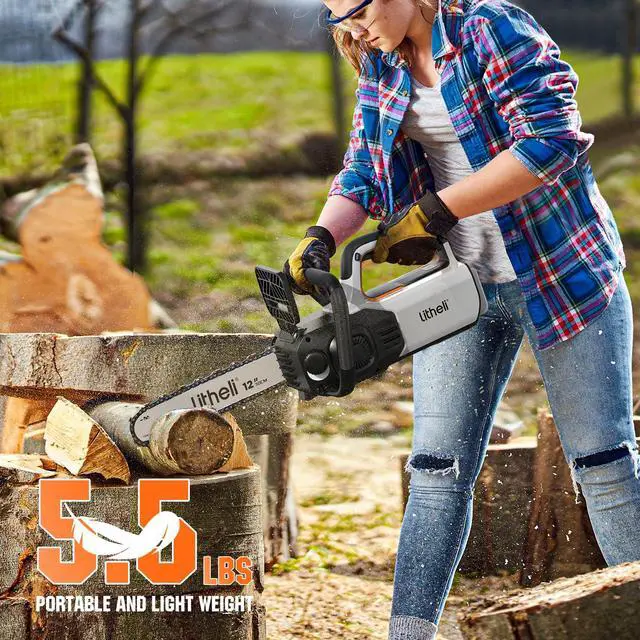 Alt view image 5 of 6 - 12" Brushless Electric Battery Chainsaw, Chain Saw with 2 x 20V MAX 2.0Ah Battery,Cordless Handheld Battery Powered Chainsaw Auto-Lubrication for Wood Cutting Trimming Courtyard