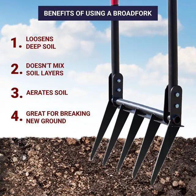 Alt view image 2 of 6 - 5-Tine Broadfork with Fiberglass Handles, Heavy Duty Broad Fork for Tilling Aerating and Turning Soil, 56" 10-Gauge Steel Fork, Ideal for Garden Beds and Pavers Base Prep, 100% Made in USA