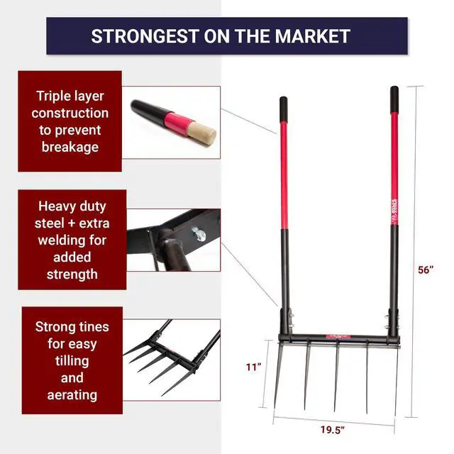 Alt view image 3 of 6 - 5-Tine Broadfork with Fiberglass Handles, Heavy Duty Broad Fork for Tilling Aerating and Turning Soil, 56" 10-Gauge Steel Fork, Ideal for Garden Beds and Pavers Base Prep, 100% Made in USA