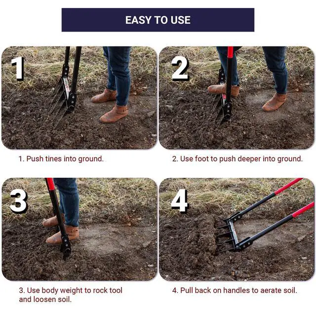 Alt view image 4 of 6 - 5-Tine Broadfork with Fiberglass Handles, Heavy Duty Broad Fork for Tilling Aerating and Turning Soil, 56" 10-Gauge Steel Fork, Ideal for Garden Beds and Pavers Base Prep, 100% Made in USA