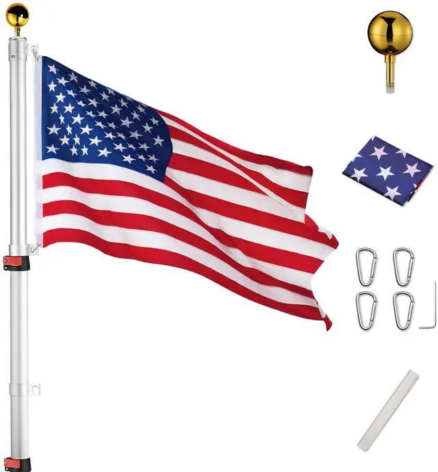 Main image of 25ft Telescopic Aluminum Flag Pole Fly 2 Flags 3'x5' US Flag Ball Top Kit Telescoping Flagpole Yard Outdoor Garden