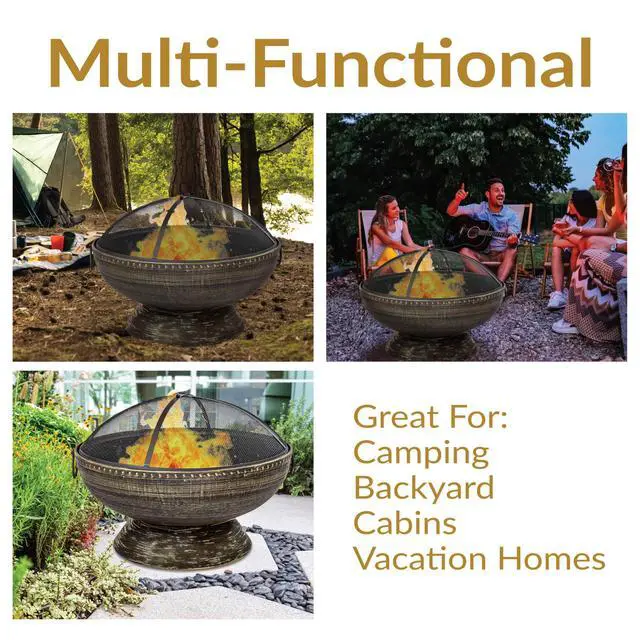 Alt view image 4 of 6 - Sunnydaze 30-Inch Large Outdoor Fire Pit - Wood Burning Fire Pit for Outside with Poker and Screen - Black Finish - Regal Cauldron