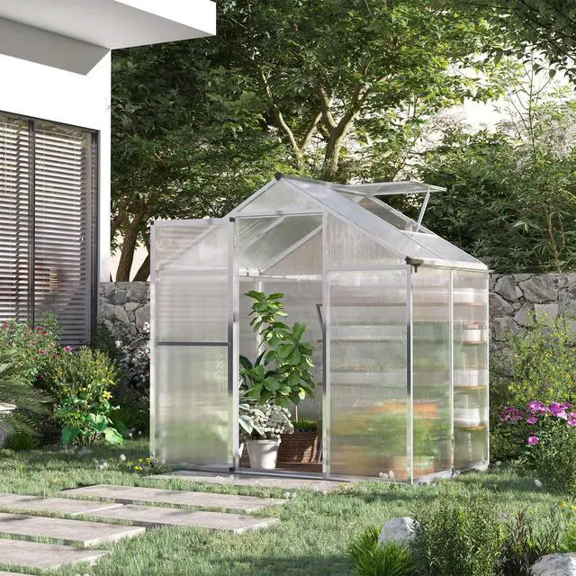 Alt view image 2 of 6 - 4' x 6' Greenhouse for Outdoors, Polycarbonate Greenhouse with Rain Gutter and Roof Vent, Aluminum Walk-in Green Houses for Outside Patio Backyard Garden