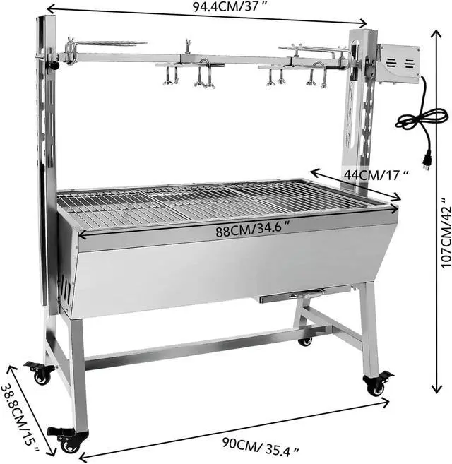 Alt view image 2 of 6 - Stainless Steel Rotisserie Grill, 25W Motor Small Pig Lamb Rotisserie Roaster, 37 Inch BBQ Charcoal Grill for Camping Outdoor Kitchen without Baffle