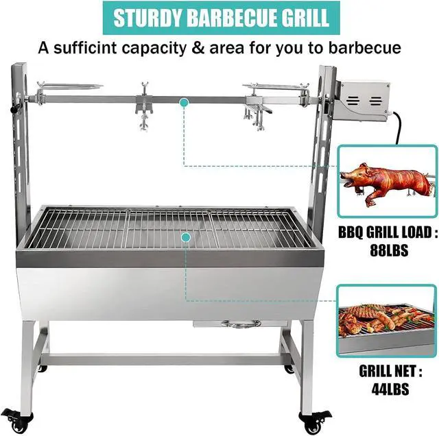 Alt view image 4 of 6 - Stainless Steel Rotisserie Grill, 25W Motor Small Pig Lamb Rotisserie Roaster, 37 Inch BBQ Charcoal Grill for Camping Outdoor Kitchen without Baffle