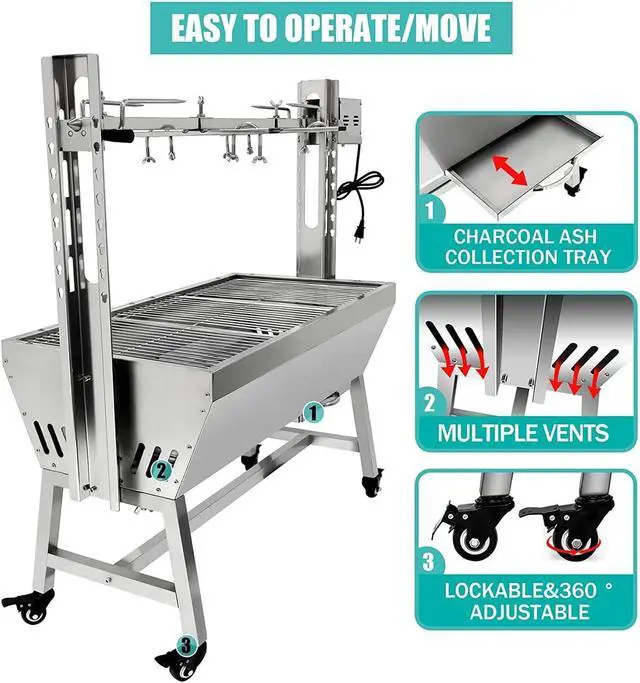 Alt view image 6 of 6 - Stainless Steel Rotisserie Grill, 25W Motor Small Pig Lamb Rotisserie Roaster, 37 Inch BBQ Charcoal Grill for Camping Outdoor Kitchen without Baffle