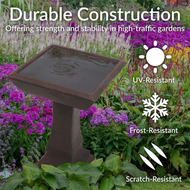 Alt view image 2 of 6 - Sunnydaze 23 H Concrete Bird Bath for Outdoors - Simply Square Garden Bird Bath with Glass Fiber Reinforced Concrete Construction - Brown