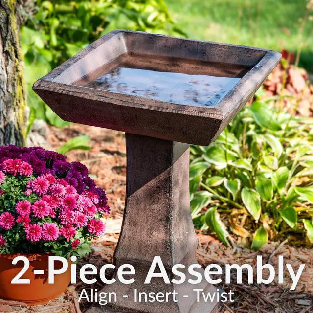 Alt view image 4 of 6 - Sunnydaze 23 H Concrete Bird Bath for Outdoors - Simply Square Garden Bird Bath with Glass Fiber Reinforced Concrete Construction - Brown