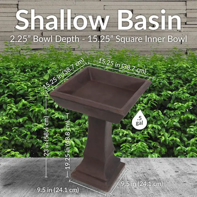 Alt view image 5 of 6 - Sunnydaze 23 H Concrete Bird Bath for Outdoors - Simply Square Garden Bird Bath with Glass Fiber Reinforced Concrete Construction - Brown