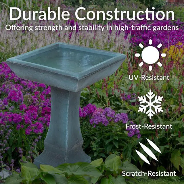 Alt view image 2 of 6 - Sunnydaze 23 H Concrete Bird Bath for Outdoors - Simply Square Garden Bird Bath with Glass Fiber Reinforced Concrete Construction - Patina Green