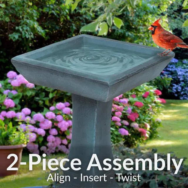 Alt view image 4 of 6 - Sunnydaze 23 H Concrete Bird Bath for Outdoors - Simply Square Garden Bird Bath with Glass Fiber Reinforced Concrete Construction - Patina Green