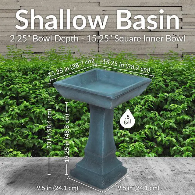 Alt view image 5 of 6 - Sunnydaze 23 H Concrete Bird Bath for Outdoors - Simply Square Garden Bird Bath with Glass Fiber Reinforced Concrete Construction - Patina Green