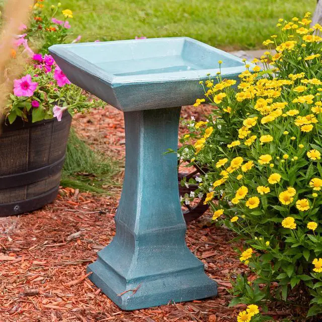 Alt view image 6 of 6 - Sunnydaze 23 H Concrete Bird Bath for Outdoors - Simply Square Garden Bird Bath with Glass Fiber Reinforced Concrete Construction - Patina Green